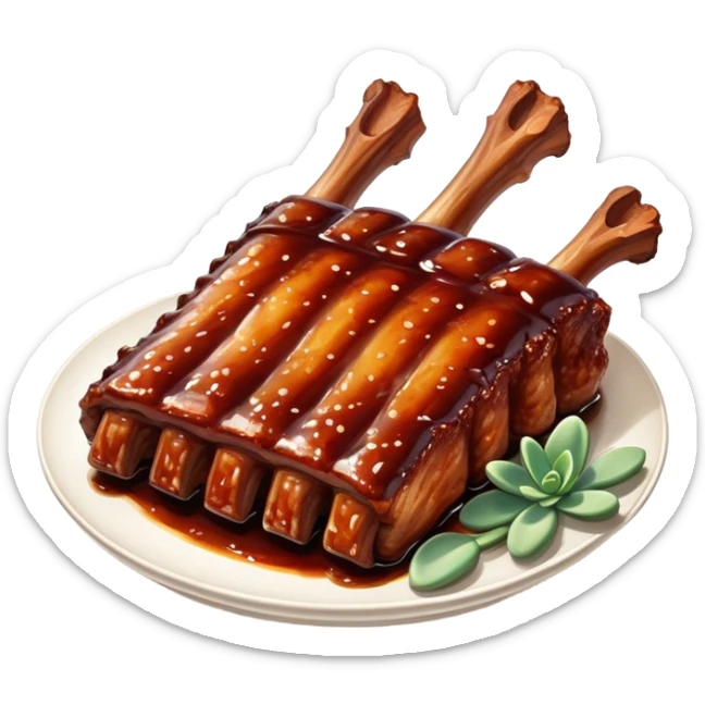 cinematic-realistic-barbeque-ribs-dish-emoji,-depicted-as-succulent,-slow-cooked-ribs-with-a-sticky-smoky-glaze-rendered-with-rich-textures-and-dynamic,-appetizing-lighting. baby back spare ribs sticker