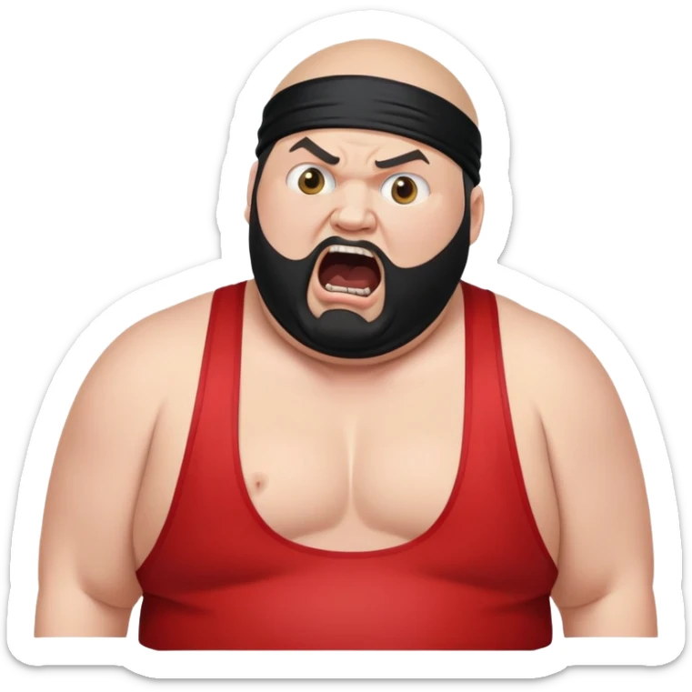 Extreme close-up of face of morbidly obese white skin guy with young face, prominent BLACK DURAG tied clearly on head, black beard but no mustache, clean shaven upper lip, black eyes in a red and black wrestling singlet with mouth wide open screaming angrily sticker