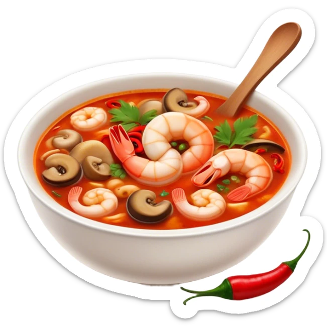 Cinematic Realistic Tom Yam Kung Soup Dish Emoji, showcasing a spicy, sour shrimp soup with herbs and mushrooms rendered with lifelike textures and bold, dynamic lighting. sticker
