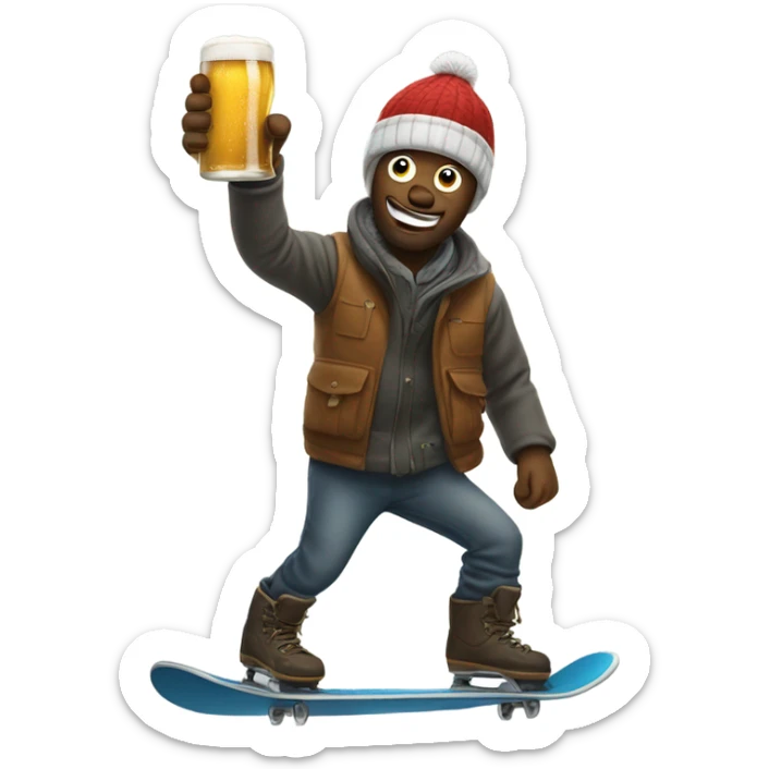 Man snowboarding with beer in his hand, holding up hand sign sticker