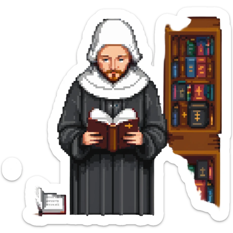 person reading the Canterbury Tales and drinking tea, Geoffrey Chaucer standing behind sticker