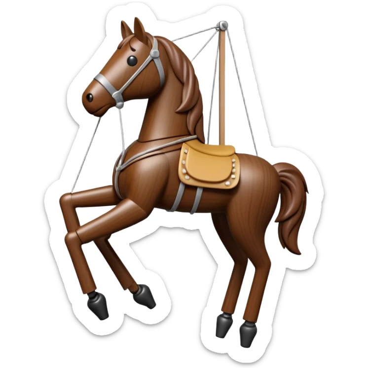 3D render of Horse Puppet as a wooden marionette puppet, Wooden toy horse on strings, silver metal screw joints at elbows and knees, polished brown wood texture, rigid toy pose, emoji style, isolated on white background --v 6.0. sticker