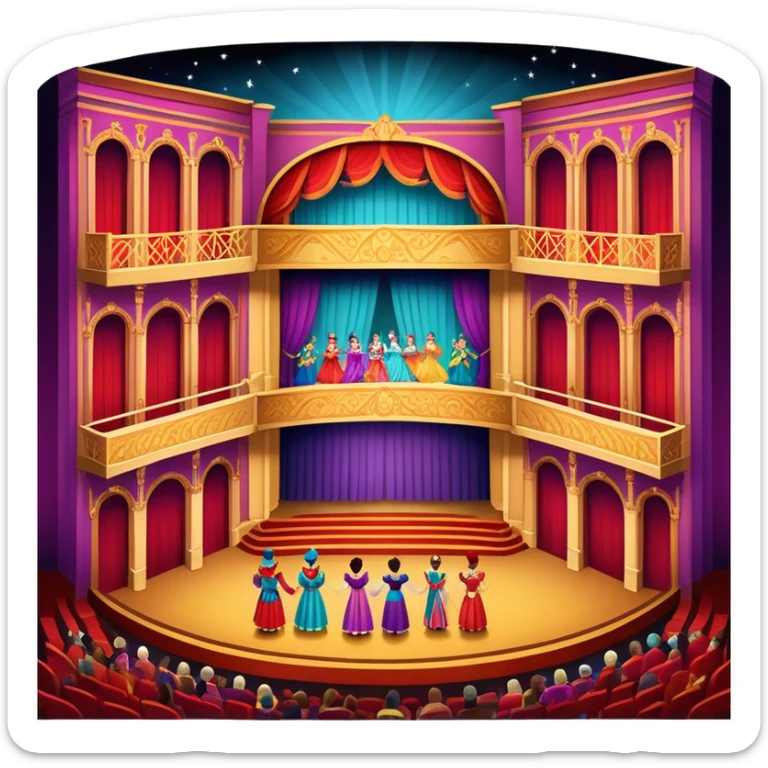 An icon showing a grand theater stage with actors performing in a vibrant play, surrounded by dramatic lighting. The audience watches from colorful balconies, adding to the lively atmosphere. The design captures the magic of live theater, set against a transparent background. sticker