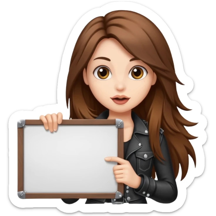 A fair skin rocker chick with long brown hair holding a large blank sign sticker