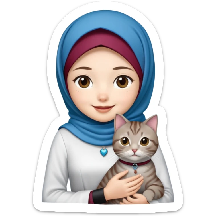 Asian White girl wearing maroon hijab, white dress holding a black grey tabby cat while smiling. The cat is wearing a blue collar sticker