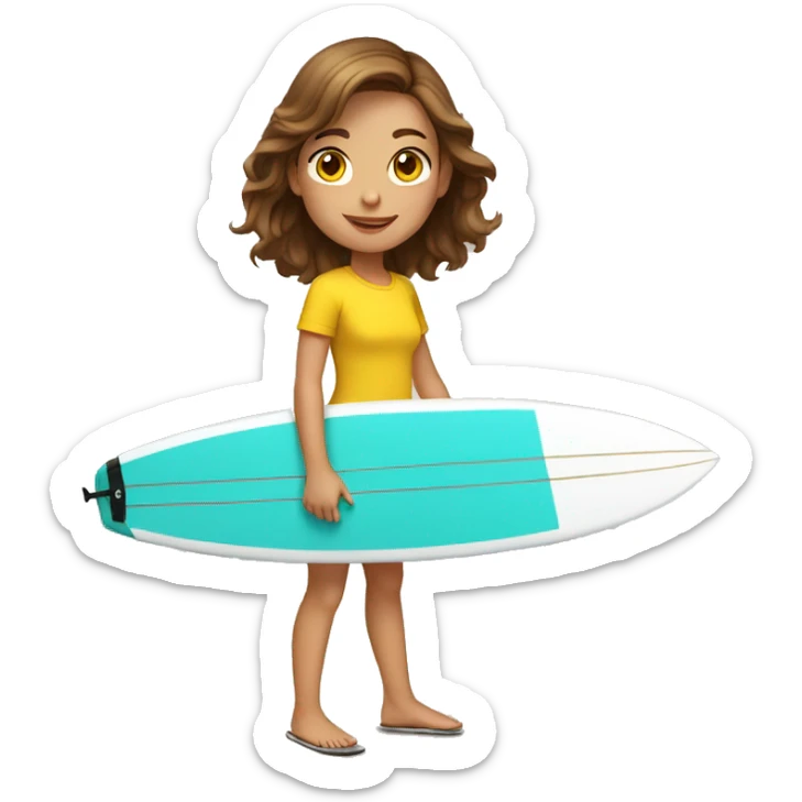 A girl who surfs with brown hair and yellow shirt sticker