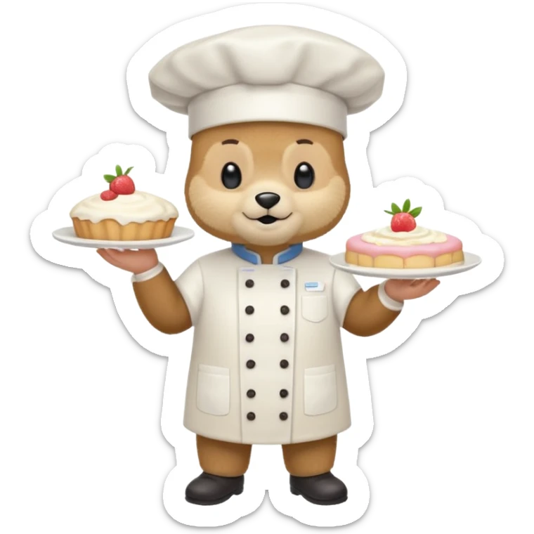 quiero un oso de pie con un delantal de pasteleria y un jorrito de chef que una mano tenga una manga oastlera sticker