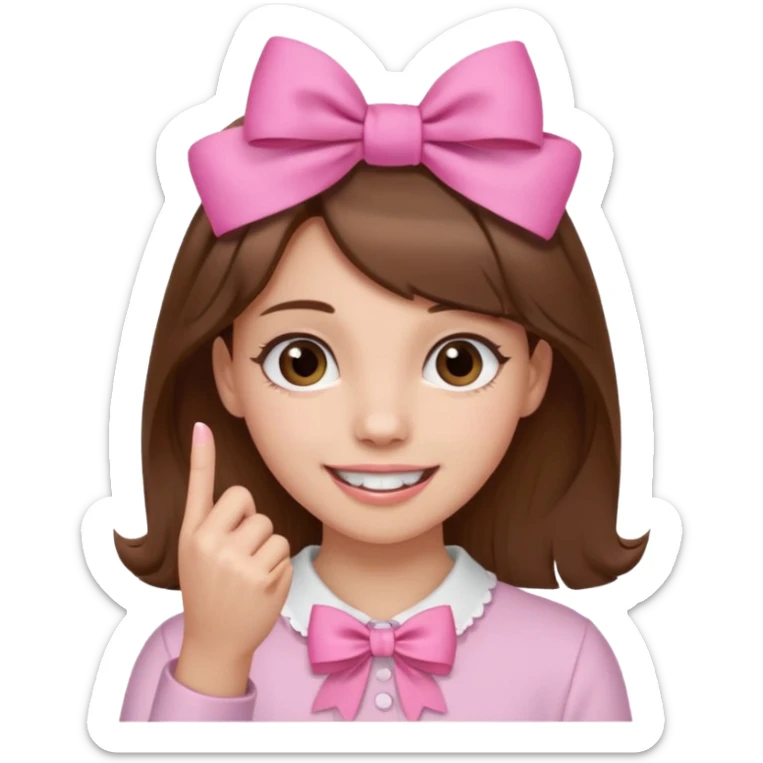 Chica con pelo marron sonriendo con un lazo rosa en la cabeza y con la punta del dedo indice entre los dientes con delicadeza y la otra mano que no salga en el emoji sticker