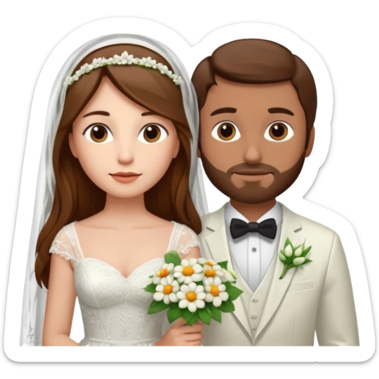 Woman with long brown hair and fair skin wearing a wedding dress and veil. And a man with short brown hair and fair skin wearing a white suit with a flower. sticker