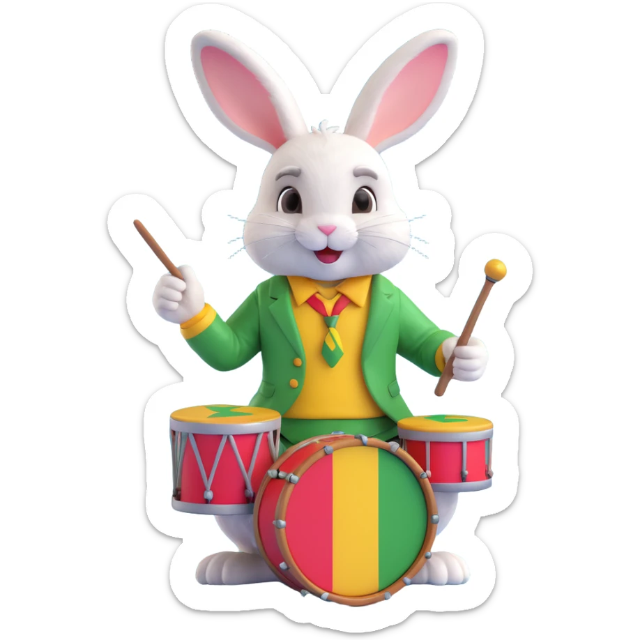 a bunny playing reggae music on a small drum, colorful and lively, Jamaican style sticker