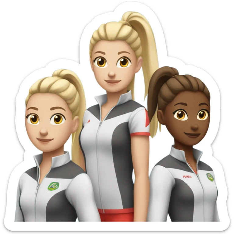 Three girls in track uniforms 2 with blonde pony tails one with brown ponytail sticker