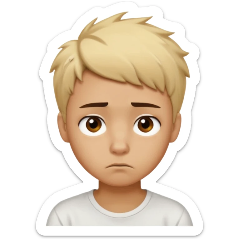 caramel skin color. Teen age. Short buzz, messy blonde hair, dark brown bushy eyebrows large expressive golden-brown eyes, brown skin color, scar over nose, wearing a plain white t-shirt. Disappointed thinking facial expression. caramel skin color sticker