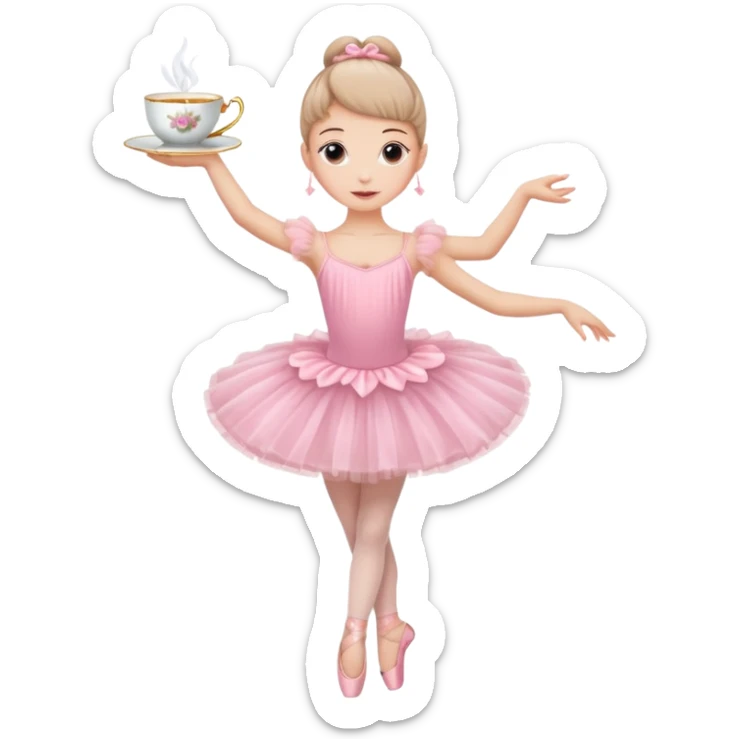 a ballerina with a teacup for a head. She is wearing a classic pink tutu and ballet slippers sticker
