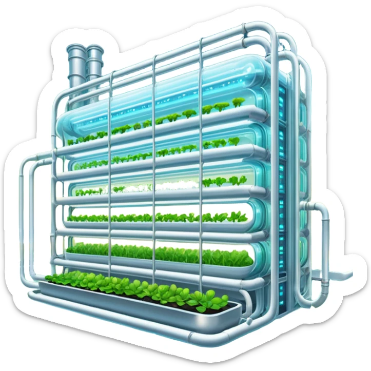 Exterior view of a futuristic hydroponic farm with glowing neon pipes and transparent water channels, sleek buildings shaped like nutrient tanks, vegetables and wheat growing in vertical layers, surreal atmosphere, emoji-style, cartoony sticker