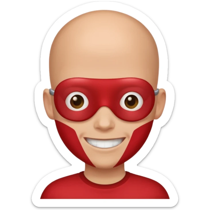 A person who has no hair red skin and a red shirt that says team coolkid sticker