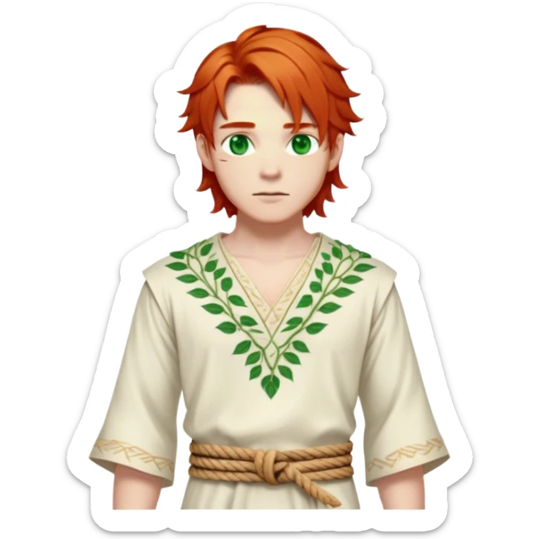 Medieval spring outfit worn by a DnD themed fantasy male character. Ecru cotton tunic featuring delicate leaf patterns in cream thread, paired with a twisted rope belt. Clothes only above the waist, full waist coverage. The character has no arms. Character is white-skinned with ginger red hair, emerald green eyes, and shoulder-length layered hair. sticker