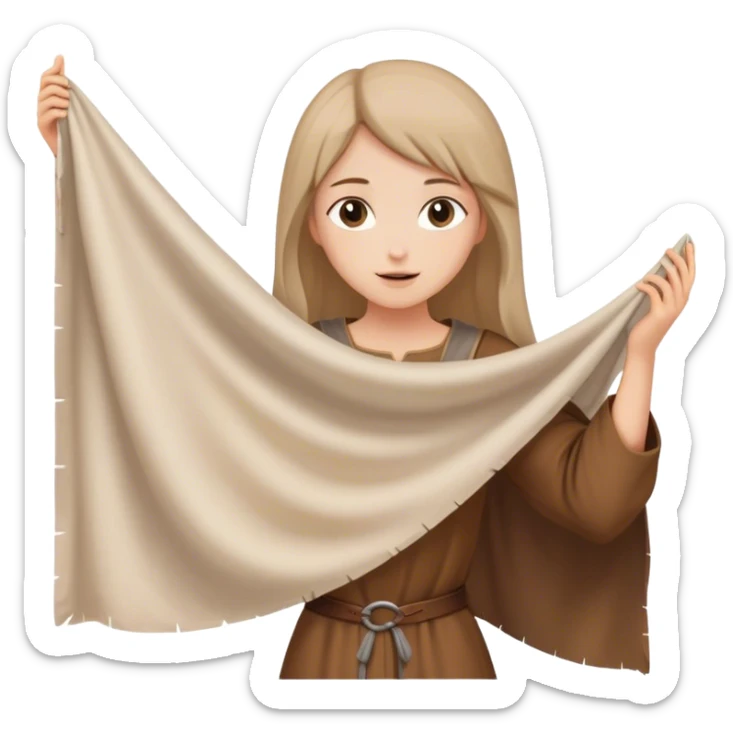 girl in brown tunic holding up a large white piece of cloth, medieval age sticker