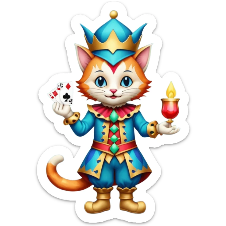 crazy colorful cute little cat jolly joker from poker, medieval, vintage, court jester, mac os icon, blue color, full body sticker