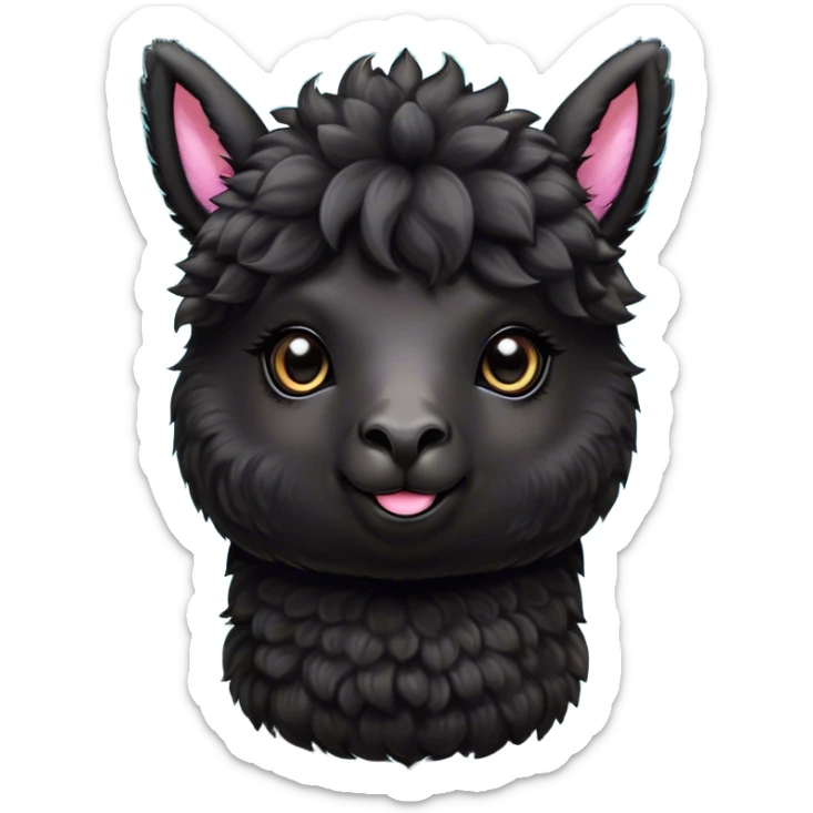 Cinematic Cute Black Alpaca Portrait Emoji, Head tilted playfully and inquisitively, featuring a plush, shiny jet-black fleece with a lustrous sheen, round, sparkling dark eyes filled with curiosity, Simplified yet irresistibly adorable features, highly detailed, glowing with a warm, friendly glow, high shine, affectionate and gentle, stylized with a touch of whimsy, bright and endearing, soft glowing outline, capturing the essence of a mischievous yet loving alpaca, so playful it feels like it could prance out of the screen and into your arms! sticker