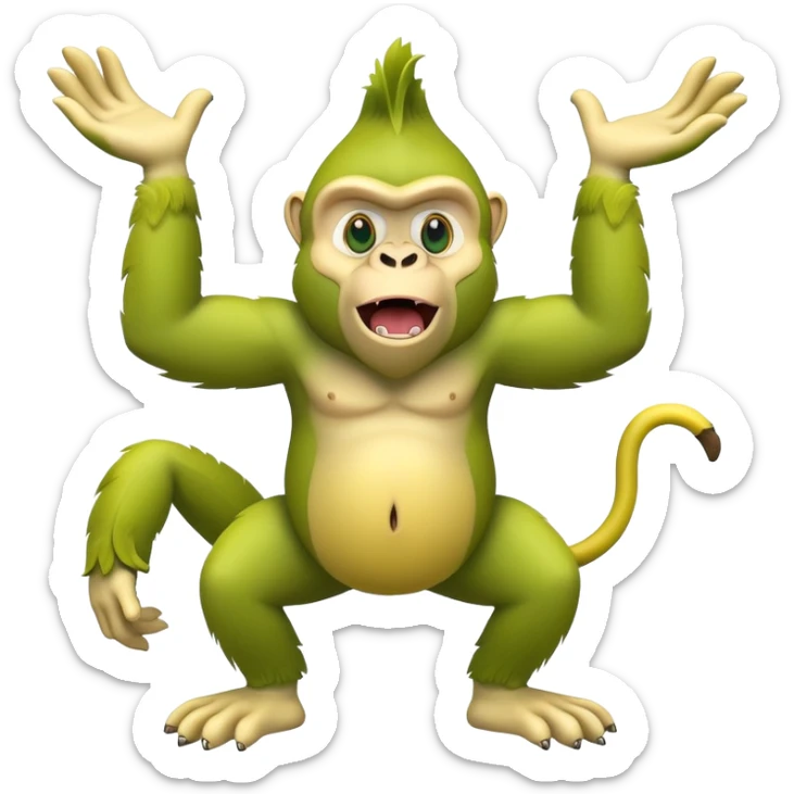 A yellow banana with arms and legs and a green gorilla head with expressive eyes sticker