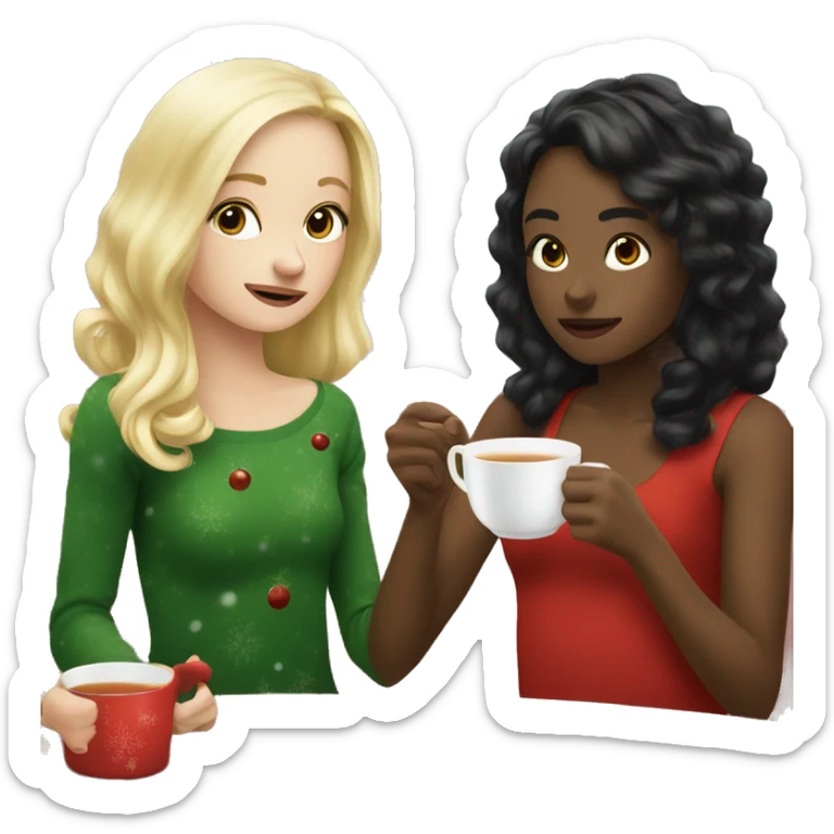 Blonde girl and black hair girl drinking tea at christmas sticker