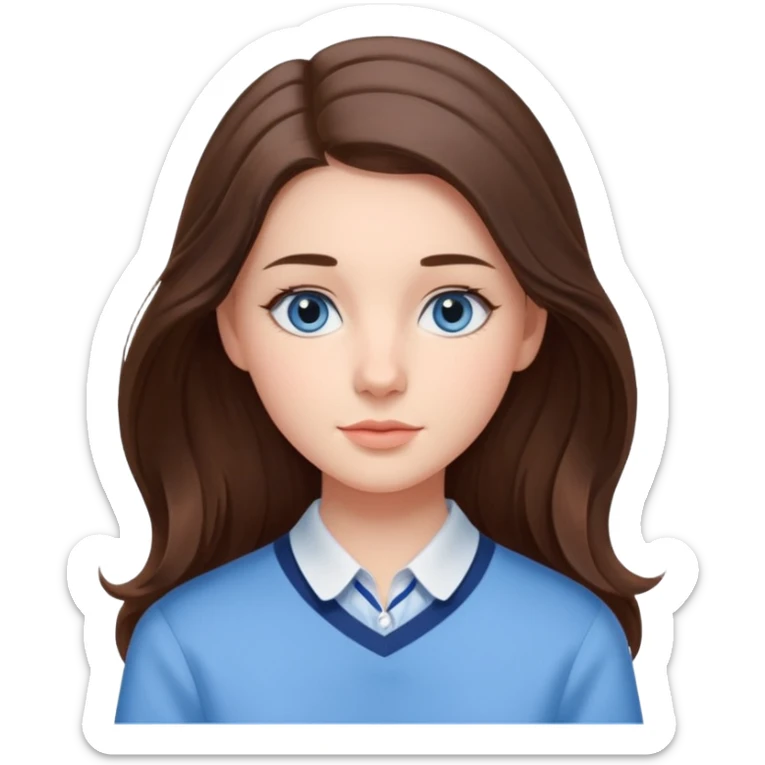 Realistic Student Portrait, with porcelain-like skin featuring a natural rosy flush, iHer Brunette Half-Up Style for Straight  hair flows in soft, Her deep blue eyes radiate warmth and innocence,  wear light blue preppy style. sticker