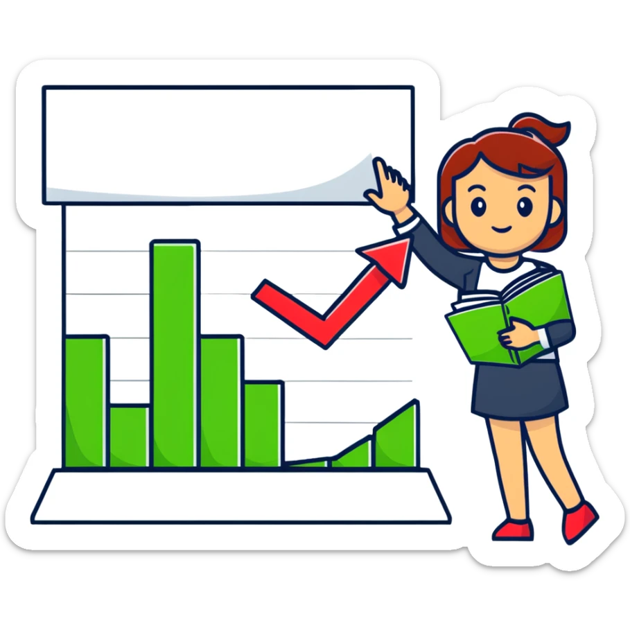 Girl holding chart with rising green graph line in right hand and holding another chart with falling red graph line in left hand sticker