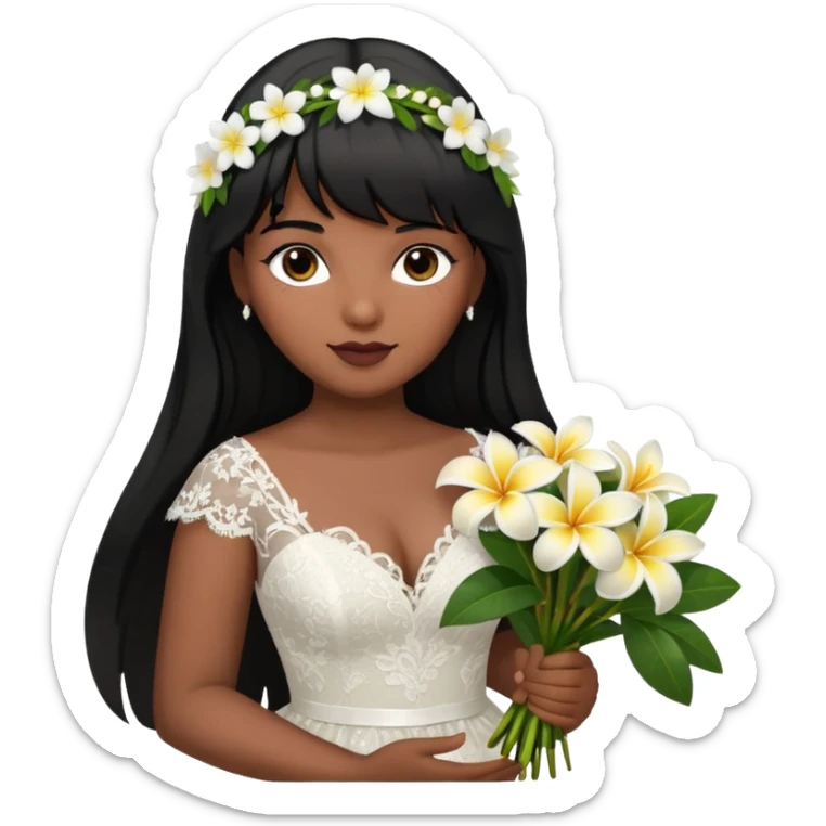 Latina girl with bangs black long hair plus size lace wedding dress with plumeria bouquet sticker