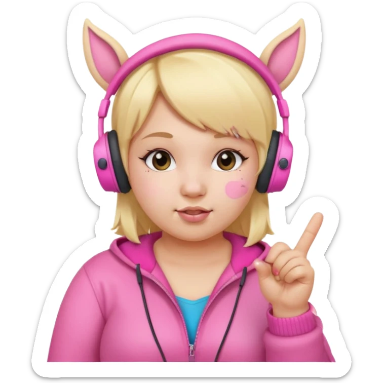 Create blonde chibby girl showing middle.finger. and she has pink headphones with ears sticker