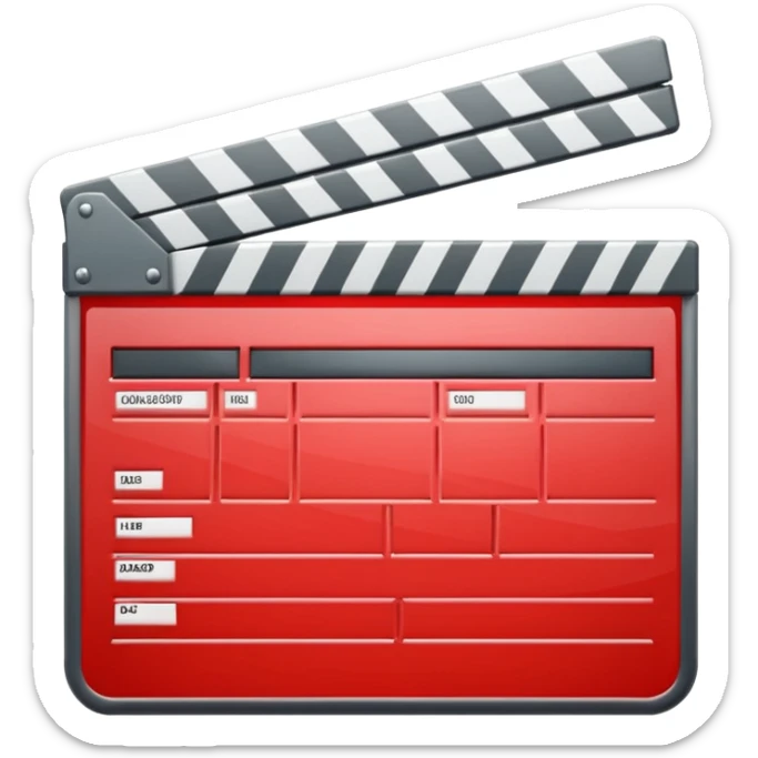 Glossy bright red clapperboard in the classic style of Apple icons: the top bar is tilted up-left, the body and bar with a deep glossy glare, dark gray edging, black background inside, perfectly square with rounded corners. sticker