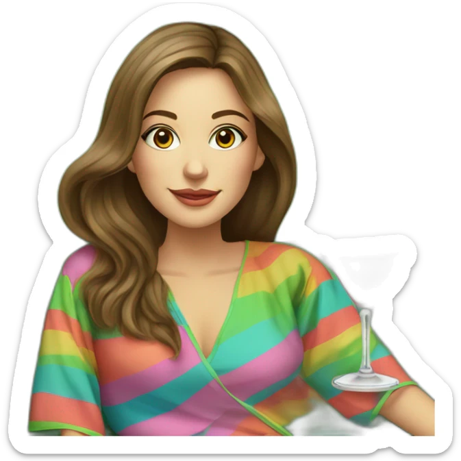 Caucasian woman with long brown hair sitting on a couch in front of a light green wall in a rainbow striped caftan holding a pink cocktail sticker
