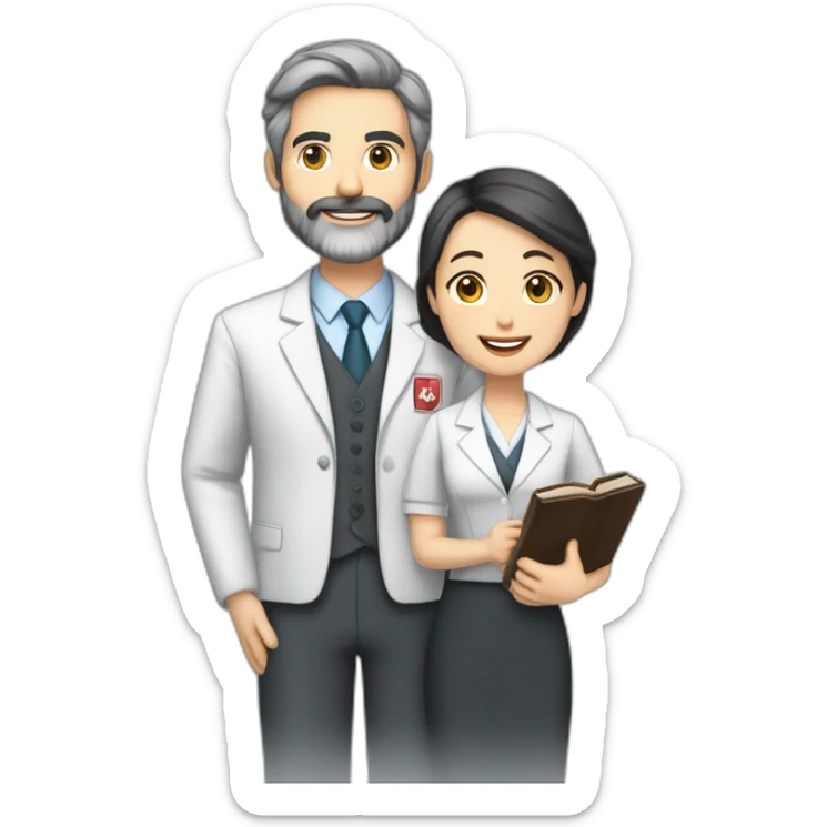 husband Canadian caucasian dark gray hair trimmed beard wearing business suit holding bible, wife asian age 55 dark hair nurse uniform, no children sticker