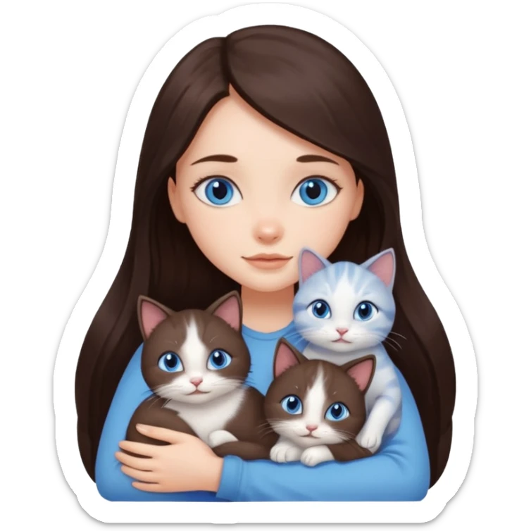 a pretty girl with long dark 
brown hair, with blue eyes, hugs 3 different natural coloured small cats sticker