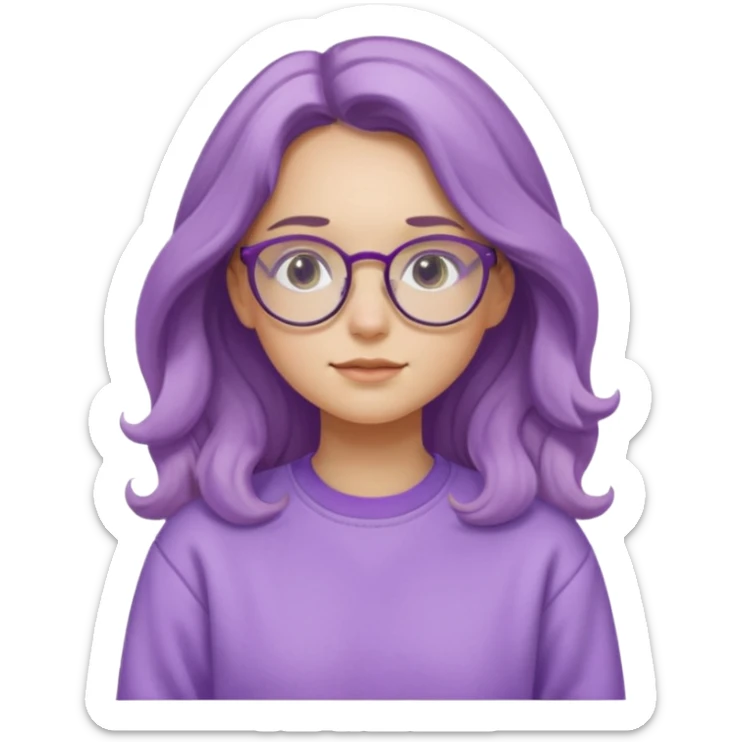 Chica de pelo largo y ondulado, con gafas redondas y expresión suave; viste una sudadera lila y transmite un estilo tranquilo y relajado. sticker