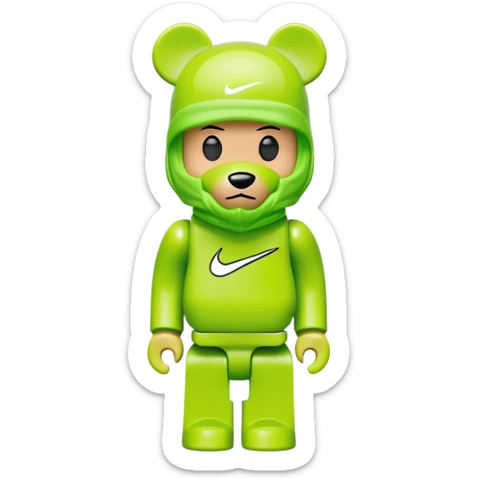 bearbrick toy wearing a lime green balaclava with a Nike swoosh logo sticker
