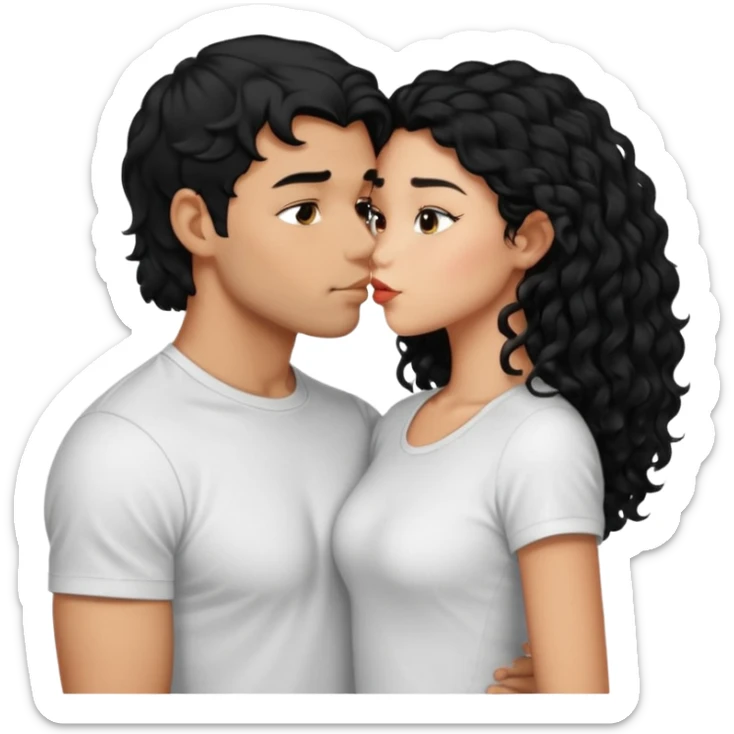 a strong man with short straight black hair kissing a shorter girl with long black curly hair sticker