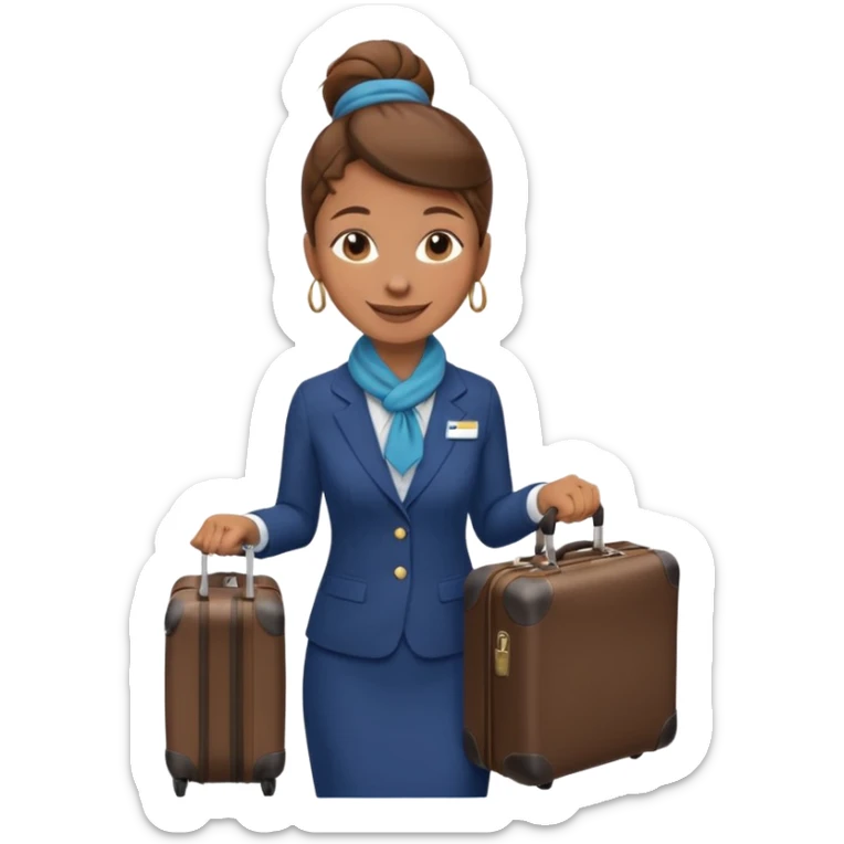 flight attendant, Light Brown skin, brown hair in single bun, neck scarf, suitcase sticker