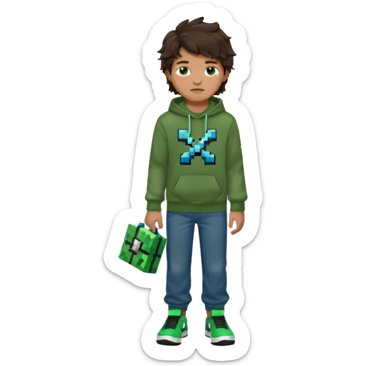 a 14 year old slightly tanned teenage boy with dark brown tousled wavy hair, dark brown eyes wearing a green tshirt, a dark green minecraft hoodie, blue jeans and green nike air jordans sticker