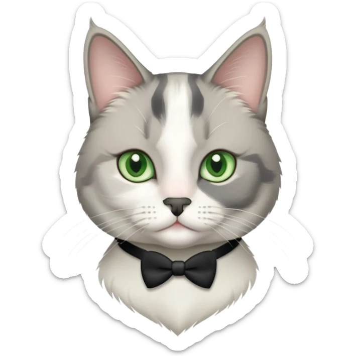 Gray and white  tuxedo cat medium hair with a a black nose and green eyes sticker