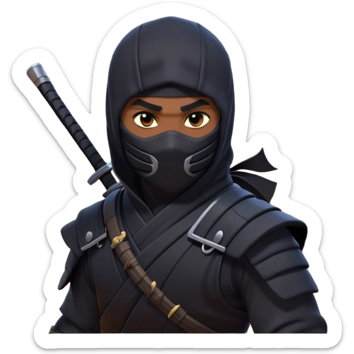 clash-of-clans-aesthetic_-cinematic-mysterious-male-ninja-portrait-emoji, rendered in a flat, vector-style with minimal shading and bold, simplified shapes, with a head slightly turned revealing intense, focused eyes, perched riding on an agile trained panther with glossy fur moving silently through shadowed urban rooftops and moonlit alleyways. sticker