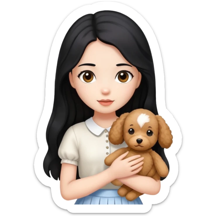beautiful girl with long straight black hair wearing a white skirt holding a small brown curly teddy dog sticker