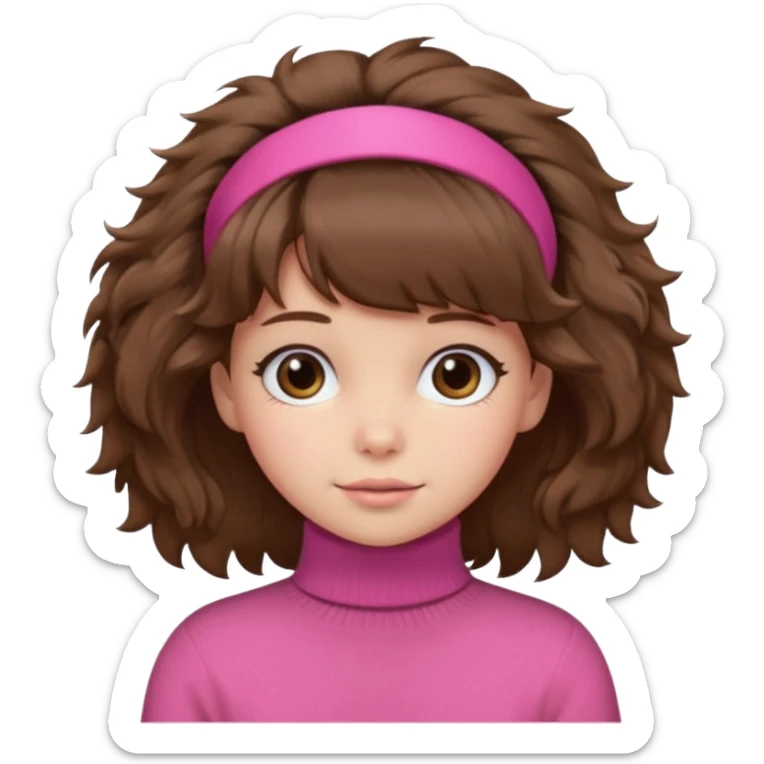 brown fluffy haired girl with pink turtleneck sweater and hair band sticker