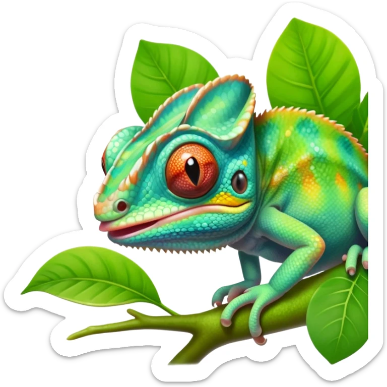 cinematic cute -baby chameleon-realistic emoji, mouth wide open with tongue out catching prey, -blending-with-vibrant-greenery.-detailed-scales-in-shifting-colors,-showing-the-chameleon’s-ability-to-camouflage.-soft-natural-light-highlights-its-texture.-light-background, zoomed into its face sticker