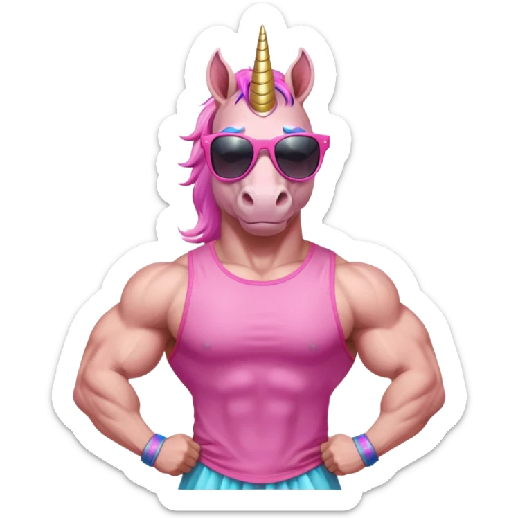 friendly anthropomorphised masculine unicorn with horse-like face, muscular bodybuilder build, in tutu and pink t-shirt, wearing dark sunglasses, standard pose, close-crop head and shoulders portrait sticker