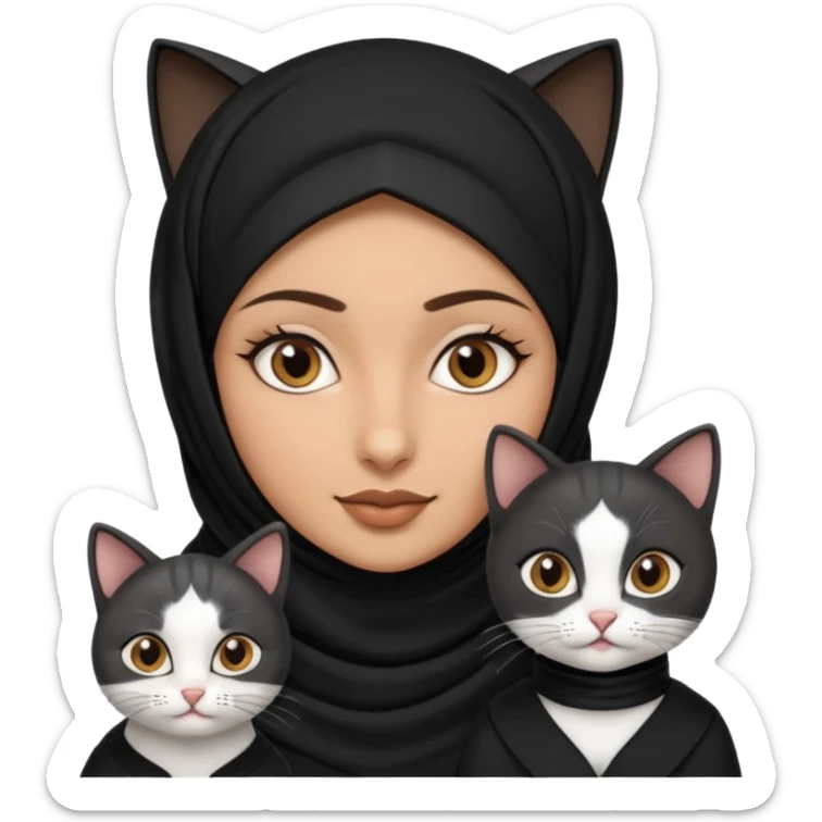 A Arabic woman human with brown eyes and black hijab. , the human is a human, two cats, the both cats is blackwhite,,  NO CAT EARS ON THE HUMAN ,  sticker