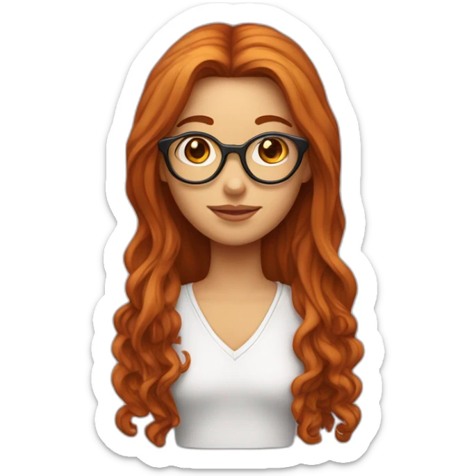 Fille aux cheveux longs roux frisés avec des lunettes et un pendentif jesus sticker