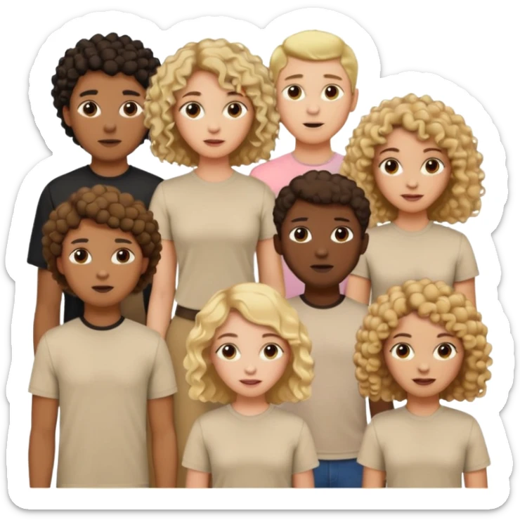 group of people  together ; men and women with brown, blonde, black hair- short hair, long hair and curly hairr wearing beige shirts aesthetic no collar, brown people, white people, black people sticker