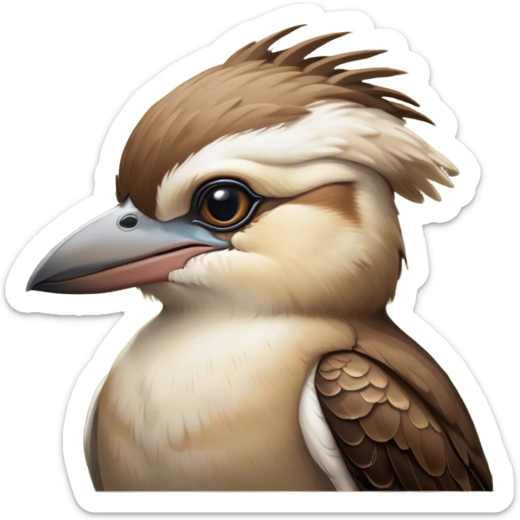 Cinematic Noble Kookaburra Portrait Emoji, Poised and regal, with a stout, robust build and a striking plumage of earthy browns and creams, a strong beak and deep-set soulful eyes, Simplified yet sharp and sophisticated features, highly detailed, glowing with a soft, dignified glow, high shine, intelligent and exuberant, stylized with an air of native woodland majesty, focused and attentive, soft glowing outline, capturing the essence of a watchful and confident bird, so majestic it feels as though it could laugh out of the screen with effortless authority! sticker