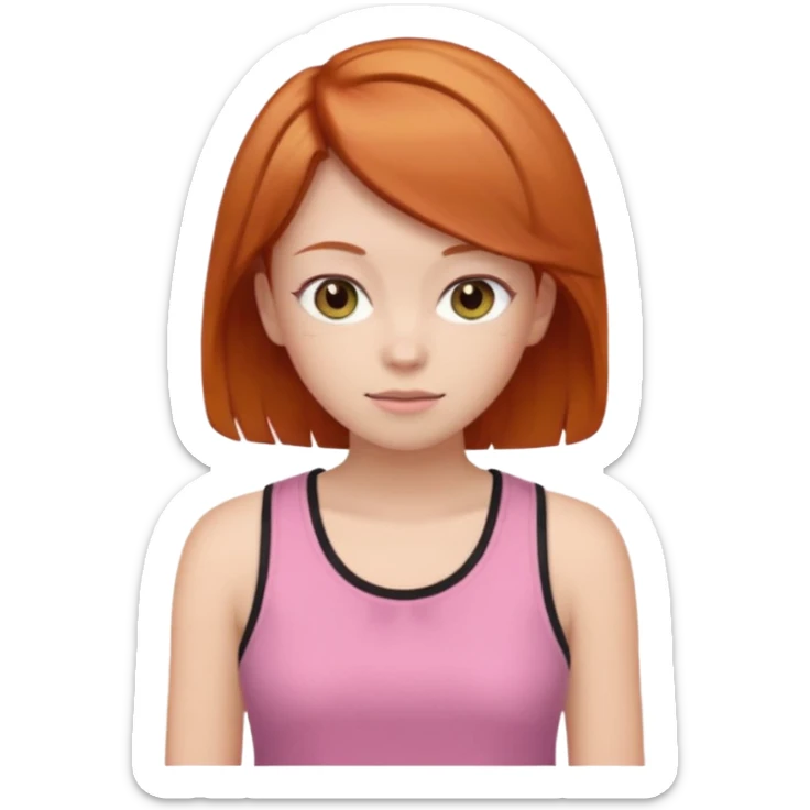 Create emojis of a girl with ginger hair and a hime haircut, gray eyes. She's wearing a pink tank top and a brown sweatshirt. sticker