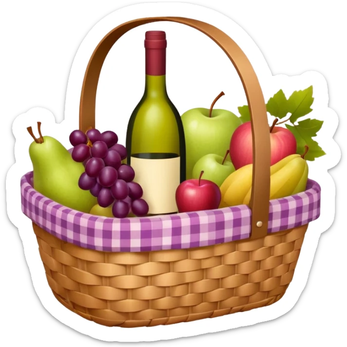 Food Basket, Pink basket, plaid lining, with both food, drink and fruits sticker